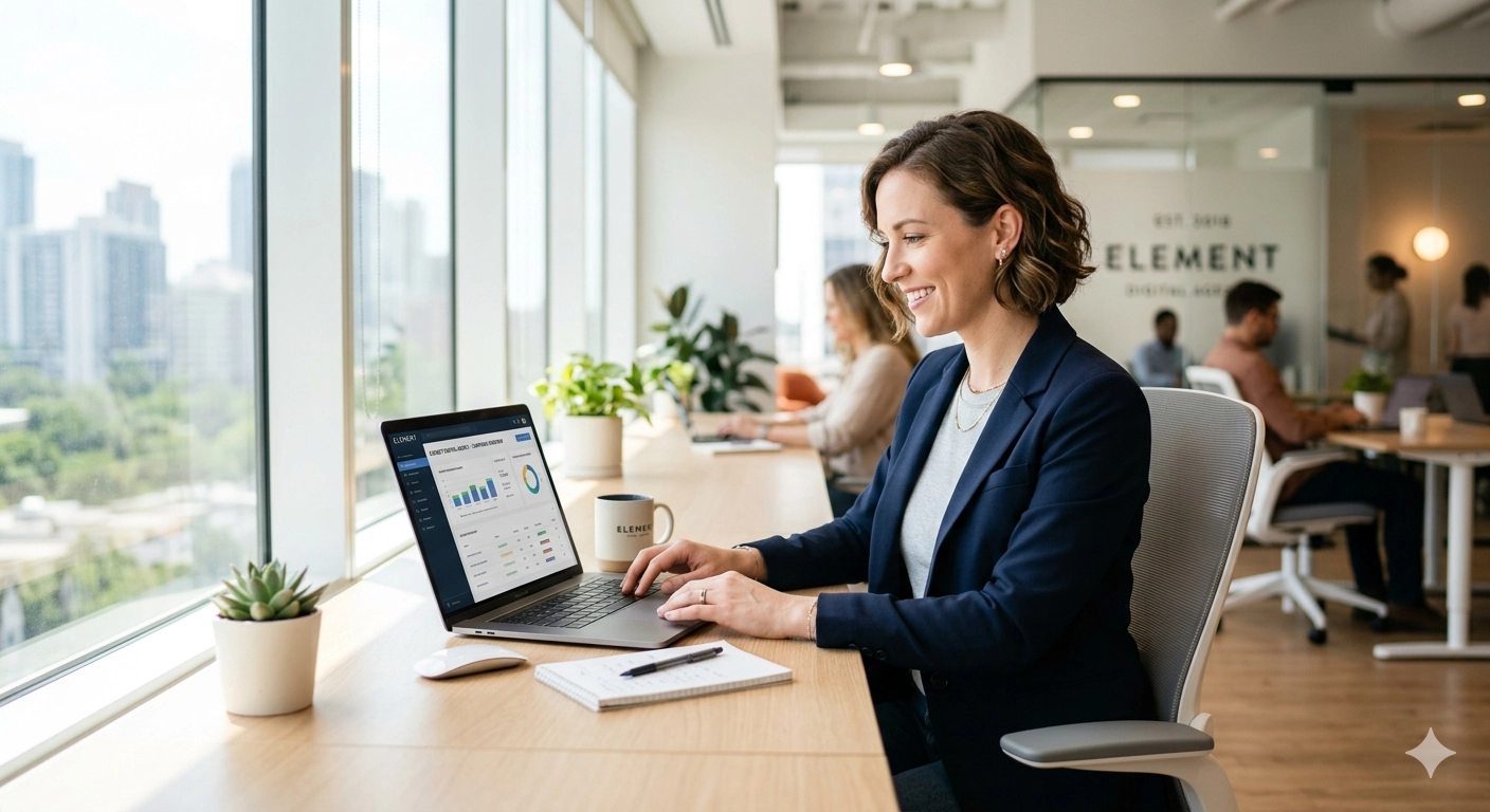 Small business owner working on digital marketing at a modern desk